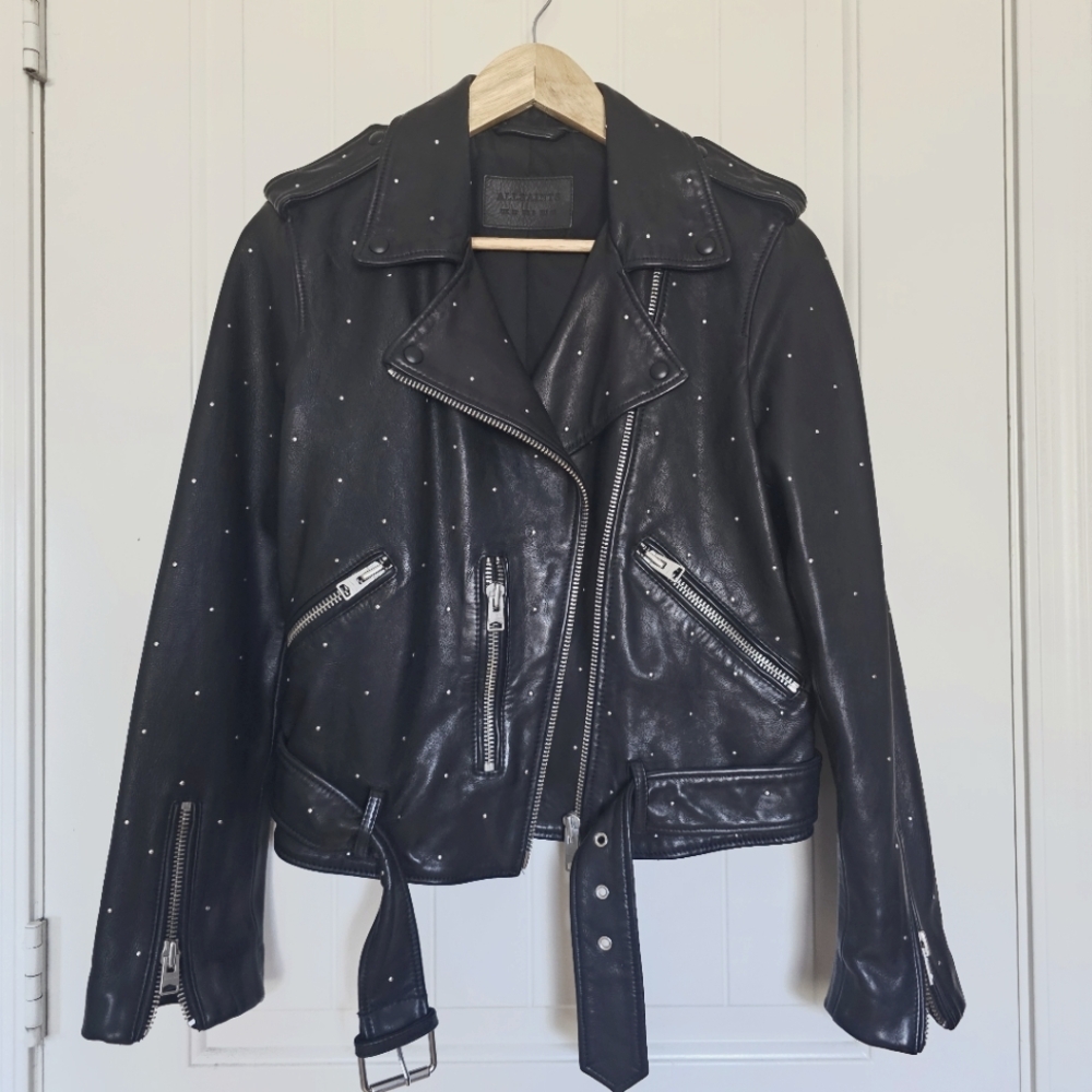 All Saints Studded Black Leather Jacket with Silver Details